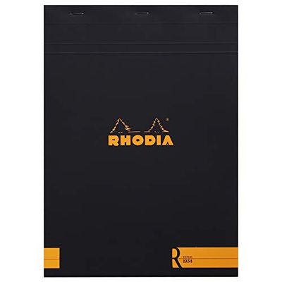 RHODIA 182012C - Stapled Notepad "Le R" No. 18 Black - A4 - Lined - 70 Detachable Sheets - Ivory Clairefontaine Paper 90 g/m - Velvety Touch Cover - Basics