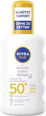 NIVEA SUN Sensitiv Omedelbart skydd solspray SPF 50+, solmjölk med SPF 50+ för känslig hud, vattentätt och doftfritt solskydd för solallergi (200 ml)