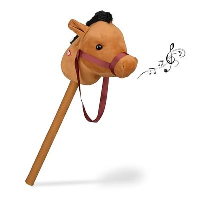 Relaxdays Caballito de Palo, Sonoro, Cabeza de Caballo Peluche y Plástico, Juguete para Niños, 68 cm Alto, Marrón Claro, Poliéster, 68 x 13 x 24 cm