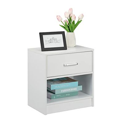 Relaxdays Night Stand, Side Table, Drawer, H x W x D: approx. 41.5 x 39 x 31 cm, MDF, White, Fibreboard