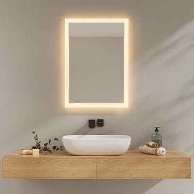 EMKE Specchio da bagno con illuminazione 70 x 50 cm, specchio bagno 3000 K, bianco caldo, interruttore a parete, installazione verticale/orizzontale, specchio anti-esplosione IP44, risparmio