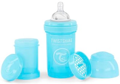 Twistshake Biberão anticólicas com cetina fluxo lento de silicone para bebés, garrafa para beber leite, sem BPA, 0 meses, azul pastel