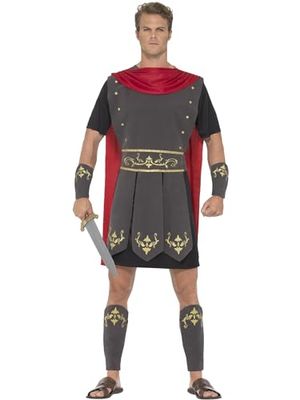 SMIFFYS Costume Gladiatore romano, Nero, con tunica, mantella attaccata, bracciali e schinieri per gambe