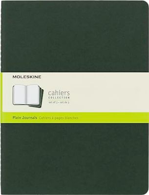 Moleskine Cahier Journal, Set 3 Notebooks with Plain Pages, Cardboard Cover with Visible Cotton Stiching, Colour Myrtle Green, Extra Large 19 x 25 cm, 120 Pages
