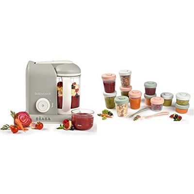 BÉABA, Babycook Solo, Robot Bébé 4 en 1 Mixeur-Cuiseur, Cuisson Vapeur, Diversification alimentaire, Petits pots bébé maison, Gris & Lot de 12 Portions Conservation et 2 Cuillères Silicone, Clip