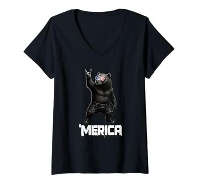 Donna Merica Grizzly Orsetto Grizzly Vintage Rock Gesture Patriottico Maglietta con Collo a V