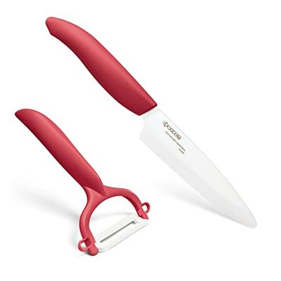 KYOCERA 11 cm, Starter, Set, faca utilitária, descascador CP-10, folha de cerâmica de zircônio, afiada à mão, leve, não corrosiva, adequada para máquina de lavar louça, vermelho, 2 unidades