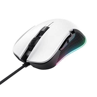 Trust Gaming Muis GXT 922W Ybar, Wired Gaming Mouse 200-7200 DPI, Full RGB-Ledverlichting, 6 Programmeerbare Knoppen, USB Gevlochten Kabel voor Computer/Laptop/PC/Mac - Wit