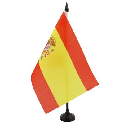 Spanje Tafelvlag 14x21 cm - Spaanse Bureauvlag 21 x 14 cm - Zwarte plastic stok en voet - AZ FLAG