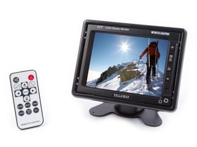 Velleman Monitor LCD TFT de 5,6" con Mando Frontal, Ideal para Coche, Caravana y Seguridad, Compatible con PAL/NTSC, fácil manejo, se suministra con Mando a Distancia, Cables, Soporte y Marco