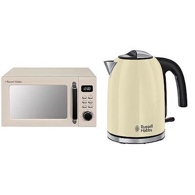 Russell Hobbs RHM2026C STYLEVIA 20 Litre 800 W Cream Digital Microwave, 5 Power Levels, Mirror Finish, 8 Auto Cook Settings & 20415 Stainless Steel Electric Kettle, 1.7 Litre, Cream