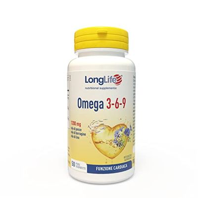 LongLife® Omega 3 6 9 | Con olio di pesce, borragine e lino | 1000mg omega 3, 615mg omega 6 e 400mg omega 9 per dose giornaliera | Benessere cardiaco, cerebrale, della vista | 50 perle | Senza glutine