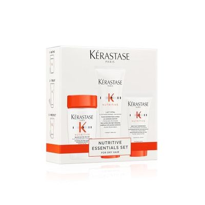 Kérastase Nutritive, Kit con Rutina Nutritiva para el Cabello con Champú Bain Satin Riche (80ml), Acondicionador Lait Vital (75ml) y Loción de Peinado Nectar Thermique (50 ml), Para Cabello Seco