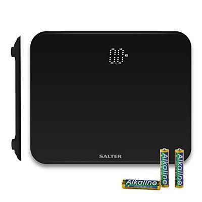 Salter 9204 BK3R Báscula De Baño Electrónica, Digital Y Compacta De Vidrio Templado Con Capacidad Max.180kg, Incluye Una Pantalla De Fácil Lectura Con Luz, Precisa Y Fiable, kg o lb, Negra