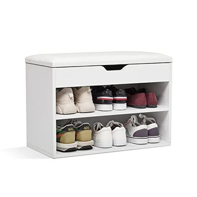 Mondeer Schoenenbank, schoenenbank met zitvlak van hout, 60 x 30 x 43 cm, schoenenrek met zitbank voor 8 paar schoenen, wit