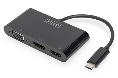 DIGITUS Adaptador gráfico USB-C - USB-C a HDMI, DisplayPort y VGA - UltraHD 4k/60Hz a través de DP - UltraHD 4k/30Hz a través de HDMI - Compatibilidad con triple pantalla - Plug & Play - Negro