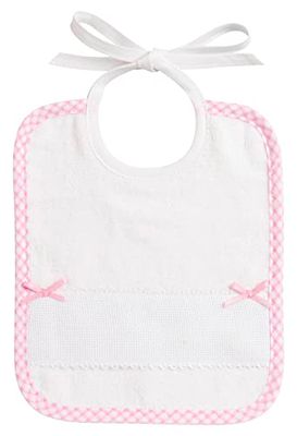 FILET - Slabbetje van zachte witte chenille-badstof met Aida-band om te borduren en satijnen strikken, roze