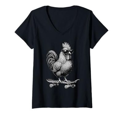 Donna Skateboarder Gallo con Occhiali da Sole Animal Skater Graphic Maglietta con Collo a V