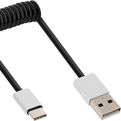 InLine 35871 USB 2.0 spiralkabel, USB typ-C kontakt till A-kontakt, svart/aluminium, flexibel, 1 m