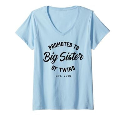 Womens Promoted to Big Sister of Twins 2026 Twin Baby Reveal V-Neck T-Shirt