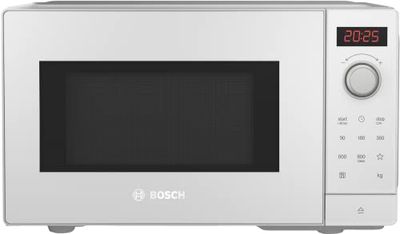 Bosch FFL023MW0 Serie 2 Microonde, 26 x 44 cm, 800 W, Piatto girevole 27 cm, fermata porta a sinistra, AutoPilot 7 7 programmi automatici, supporto per la pulizia, display touch a LED, bianco