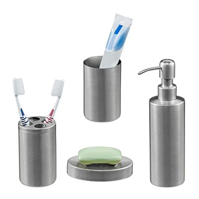 Relaxdays Set de Baño Accesorios, Juego 4 Piezas Acero Inoxidable, Jabonera, Soportes, Vaso, Dispensador Jabón, Plateado, 1 Unidad