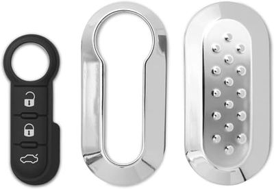 GIANTO Silver Key Cover + Buttons Compatible with Fiat Lancia, Silver Mirror Case with Silicone Remote Control Buttons for 500 Punto Bravo Panda Ypsilon Y Delta Musa (Shell + Pad)