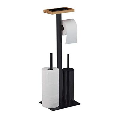 Relaxdays 3-1 WC Set, Toilet Paper, Bathroom Brush and Holder, Phone Storage Tray, HxWxD: 73x25x20 cm, Matt Black, Steel