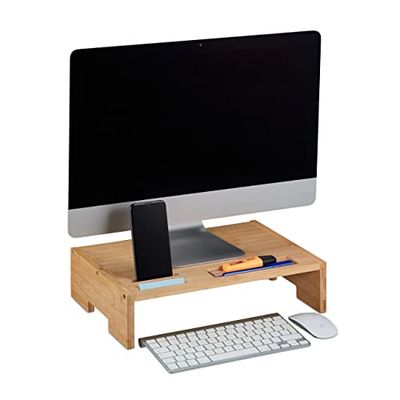 Relaxdays monitorstandaard bamboe, 3 vakken, voor bureau, kantoor, HBD: 10,5 x 41 x 28 cm, beeldschermverhoger, natuur