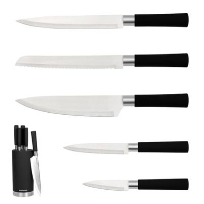 Blackmoor Orb 5 Piece Knife Set with Storage Stand/Stainless Steel Knives with Soft Grip Handles & Brushed Steel or Wood Detail/Easy Clean Essential Kitchen Accessory (Black & Brushed Steel)
