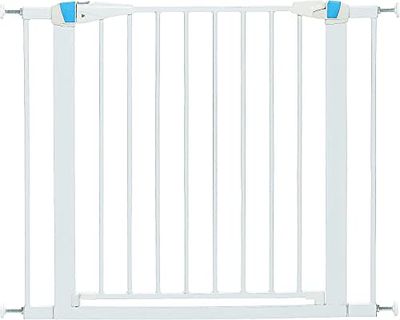 Pet Gate, 29 Inch High Walk-thru Steel Pet Gate by 29 Inch to 38 Inch Wide in Soft White w/ Glow Frame, Medium