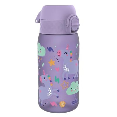 ION8 Vattenflaska För Barn, 350 ml/12 oz, Läcksäker, Lätt att Öppna, Säkert Lås, Diskmaskinssäker, BPA-fri, Bärhandtag, Enkel att Rengöra, Luktfri, Koldioxidneutral, Tryckt, Ljuslila Enhörningar