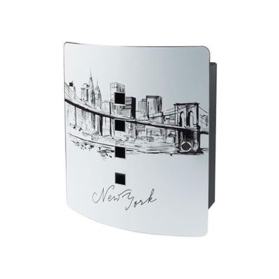 BURG-WÄCHTER 6204/10 Ni Skyline NY Key Box with Motif, 10 Hooks, Stainless Steel Door with 90° Opening Angle and Magnetic Closure, Black/Stainless Steel