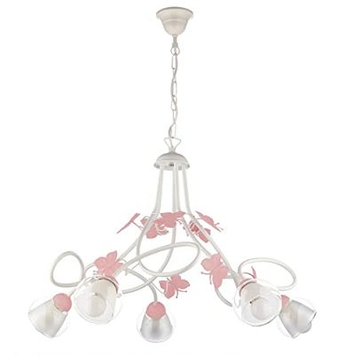 ONLI - Candeeiro de teto com 5 luzes de metal branco com borboletas rosa