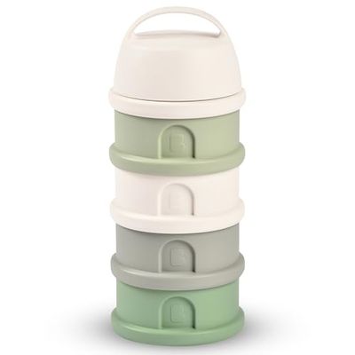 BEABA, Stapelbare melkdispenser, 100% hermetisch, 4 compartimenten, gemaakt in Frankrijk, grote capaciteit, evolutief gebruik, katoen wit/saliegroen