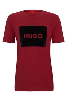HUGO Mens Dulive V Cotton-Jersey T-Shirt with Metallic-Effect Logo Red