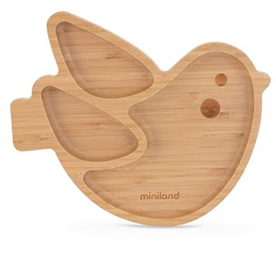 Miniland Wooden Plate Chick. FSC certifierad bambu trä BLW-tallrik med fack och sugkopp, Naturlig och lila, 89473