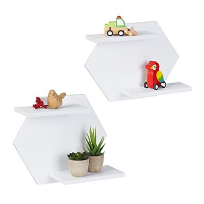 Relaxdays Vägghylla set om 2, sexkantiga, 2 hyllor vardera, liten och stor hängande hylla, hexagonhylla för väggen, vit