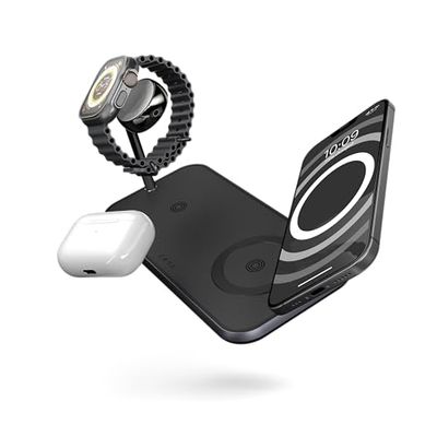 Zens Dual+Watch Wireless Charger, 10W Wireless Charging Station per iPhone/Apple Watch e Dispositivi Qi, Adattatore da 24 W Incluso (EU/UK/US) Con Cavo da 1,5 m Integrato, Nero