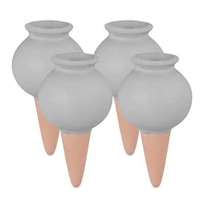 Relaxdays waterdruppelaar keramiek, set van 4, 100 ml, druppelsystemen kamerplanten & balkonbakken, grijs/terracotta