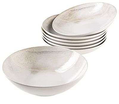 MÄSER 931948 Ossia Wooden Light - Juego de 7 cuencos de cerámica, 1 cuenco grande para ensalada y 6 cuencos para ensalada, cereales, sopa o pasta, color blanco