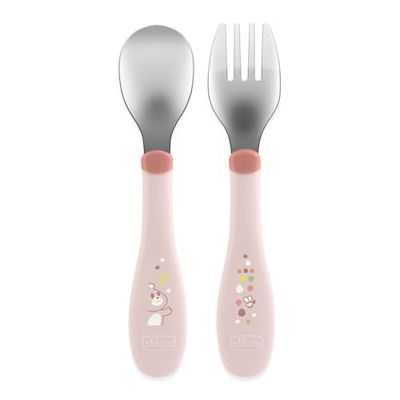 Chicco Stainless Steel Cutlery Kids Cutlery Set Porridge Fork and Spoon for Children, Stainless Steel, Easy to Port, First Food Weaning Set, 2 Pieces, 18M+, Pink