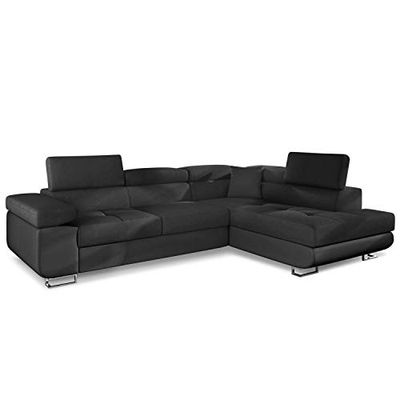 Menzzo Canape Convertible d’Angle Simili Noir | Pieds chromés | Canape Lit avec têtière relevable| Large Accoudoir et Coussins Moelleux | Assise Confortable | L275 x P202 x H90 cm