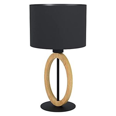 EGLO lampada da tavolo Basildon 1, lampada da tavolo minimalista, lampada da comodino in legno, tessuto, metallo, lampada da soggiorno in natura, nero, lampada con interruttore, E27