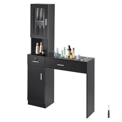 VEVOR Mobile per Parrucchiere da Parete, Cassettiera per Salone Mobili da Salone, Set di Mobili per Salone Bellezza Spa, 1 Armadietto, 3 Scomparti, 2 Cassetti per Porta Attrezzi, Nero