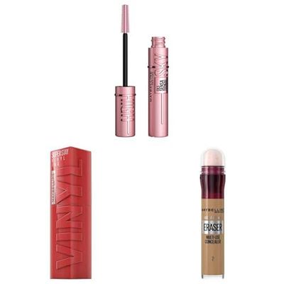 Maybelline New York Bundle; SuperStay Vinyl Ink 15 Peachy, Lash Sensational Sky High Volumising & Lengthening Mascara Black, Instant Anti-Age Eraser Eye Concealer Nude