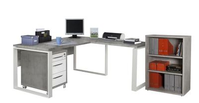 Composad | Bureau d'angle, Commode et Bibliothèque Basse avec 2 étagères de la Ligne Disegno, Lot de 3 Meubles de Bureau, Bureau Moderne, Couleur Gris Ciment et Blanc laqué, fabriqué en Italie