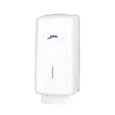 Jofel - Toiletpapierdispenser, 400 zig-zag-doekjes type Z, V en W, maximale hygiëne, alleen de handdoek aanraken, papierbesparing, robuuste ABS-behuizing, waarde AH7700, wit