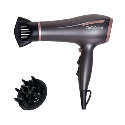 DIGIQUEST Phon 1800-2200W max WINDY DAILY, leggero e potente, cavo da 1.60mt, 6 combinazioni di velocità, Colpo di Freddo, con concentratore e diffusore.