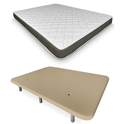 DUÉRMETE ONLINE - Letto completo con materasso Fresh reversibile + base imbottita rinforzata beige con 6 gambe metalliche filettate, 90 x 190
